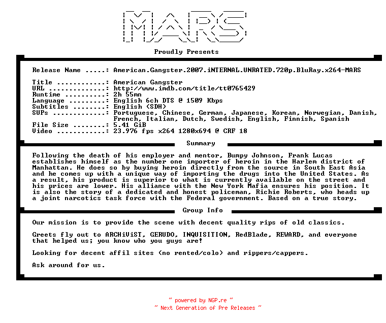NFO for the release American.Gangster.2007.iNTERNAL.UNRATED.720p.BluRay.x264-MARS by MARS