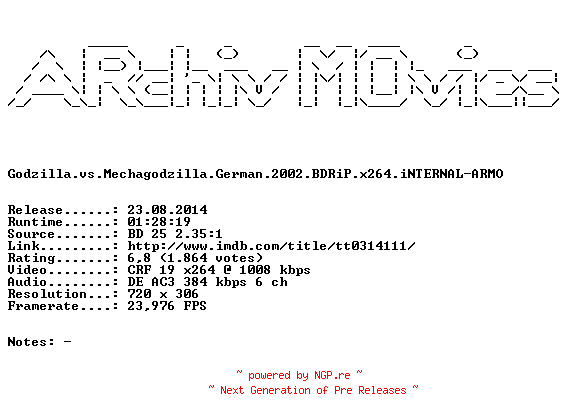 NFO for the release Godzilla.vs.Mechagodzilla.German.2002.BDRiP.x264.iNTERNAL-ARMO by ARMO