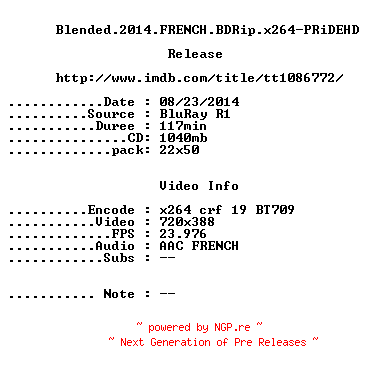 NFO for the release Blended.2014.FRENCH.BDRip.x264-PRiDEHD by PRiDEHD
