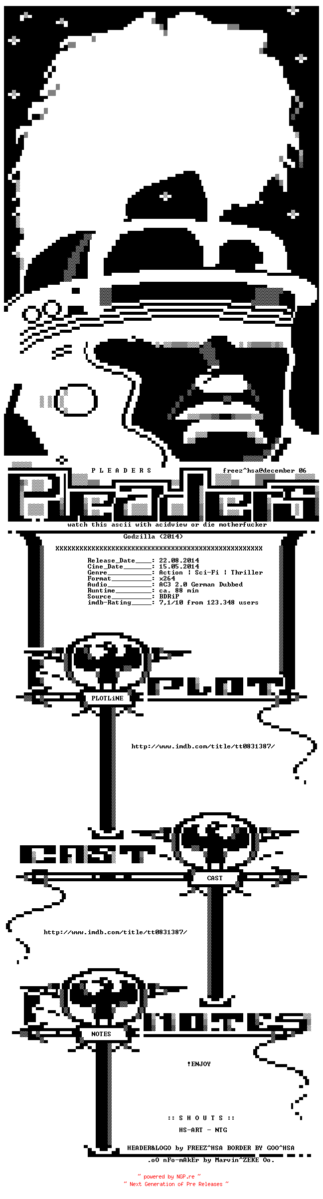 NFO for the release Godzilla.German.AC3.Dubbed.720p.BluRay.x264-Pleaders by Pleaders