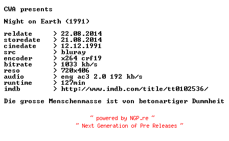 NFO for the release Night.on.Earth.1991.German.Subbed.BDRip.x264.iNTERNAL-CWA by CWA
