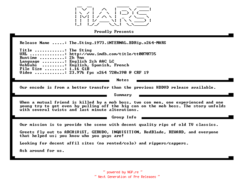NFO for the release The.Sting.1973.iNTERNAL.BDRip.x264-MARS by MARS