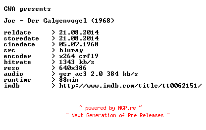 NFO for the release Joe.Der.Galgenvogel.1968.German.BDRip.x264.iNTERNAL-CWA by CWA