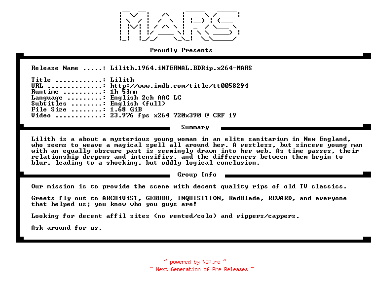 NFO for the release Lilith.1964.iNTERNAL.BDRip.x264-MARS by MARS