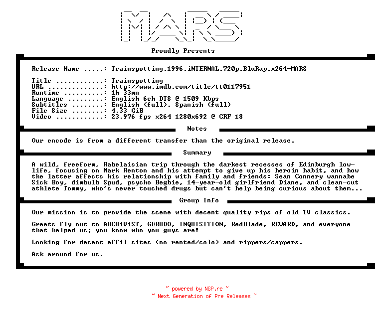 NFO for the release Trainspotting.1996.iNTERNAL.720p.BluRay.x264-MARS by MARS