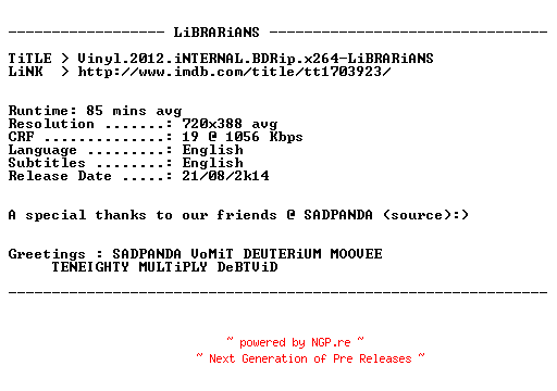 NFO for the release Vinyl.2012.iNTERNAL.BDRip.x264-LiBRARiANS by LiBRARiANS