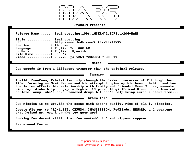 NFO for the release Trainspotting.1996.iNTERNAL.BDRip.x264-MARS by MARS
