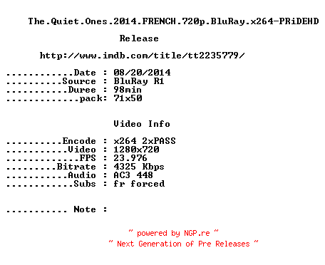 NFO for the release The.Quiet.Ones.2014.FRENCH.720p.BluRay.x264-PRiDEHD by PRiDEHD