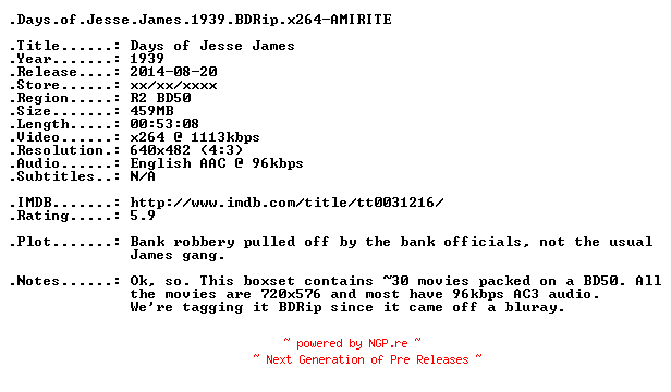 NFO for the release Days.of.Jesse.James.1939.BDRip.x264-AMIRITE by AMIRITE