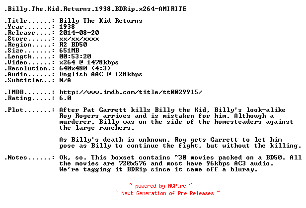 NFO for the release Billy.The.Kid.Returns.1938.BDRip.x264-AMIRITE by AMIRITE
