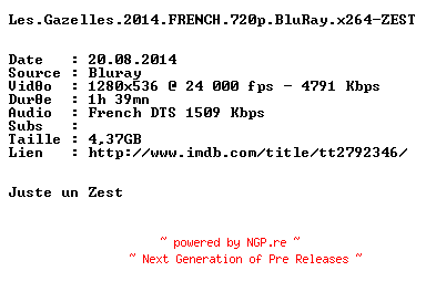 NFO for the release Les.Gazelles.2014.FRENCH.720p.BluRay.x264-ZEST by ZEST