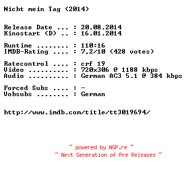 NFO for the release Nicht.mein.Tag.German.BDRiP.x264-EXQUiSiTE by EXQUiSiTE