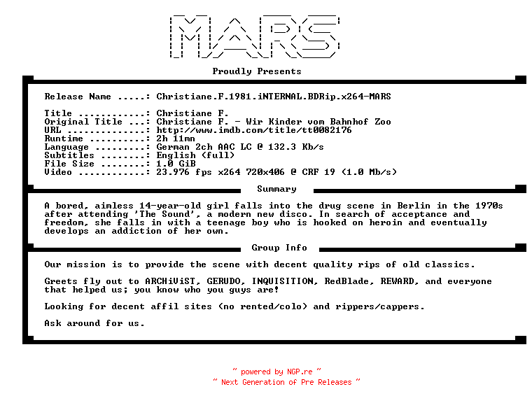 NFO for the release Christiane.F.1981.iNTERNAL.BDRip.x264-MARS by MARS