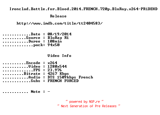 NFO for the release Ironclad.Battle.for.Blood.2014.FRENCH.720p.BluRay.x264-PRiDEHD by PRiDEHD