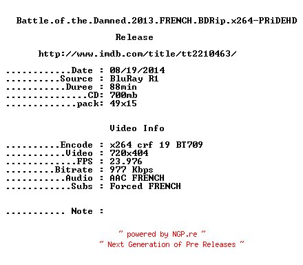 NFO for the release Battle.of.the.Damned.2013.FRENCH.BDRip.x264-PRiDEHD by PRiDEHD