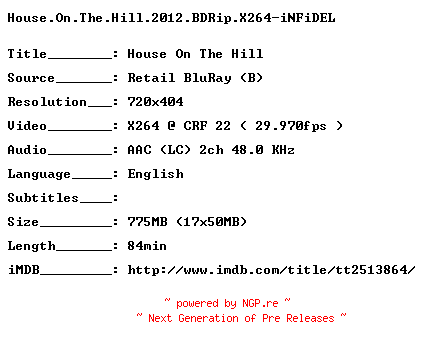 NFO for the release House.On.The.Hill.2012.BDRip.X264-iNFiDEL by iNFiDEL