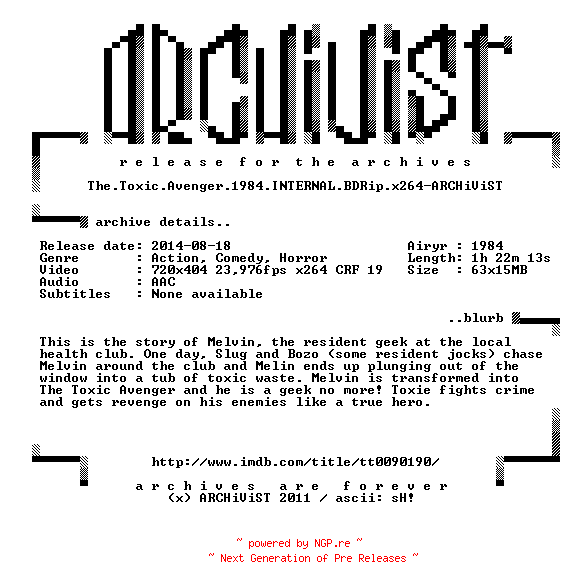 NFO for the release The.Toxic.Avenger.1984.INTERNAL.BDRip.x264-ARCHiViST by ARCHiViST
