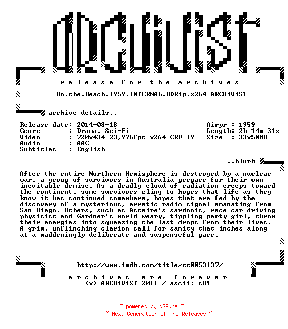 NFO for the release On.the.Beach.1959.INTERNAL.BDRip.x264-ARCHiViST by ARCHiViST