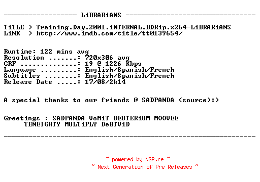 NFO for the release Training.Day.2001.iNTERNAL.BDRip.x264-LiBRARiANS by LiBRARiANS