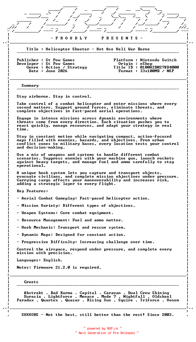 NFO for the release Helicopter_Shooter_Hot_Ace_Heli_War_Borne_NSW-SUXXORS by SUXXORS