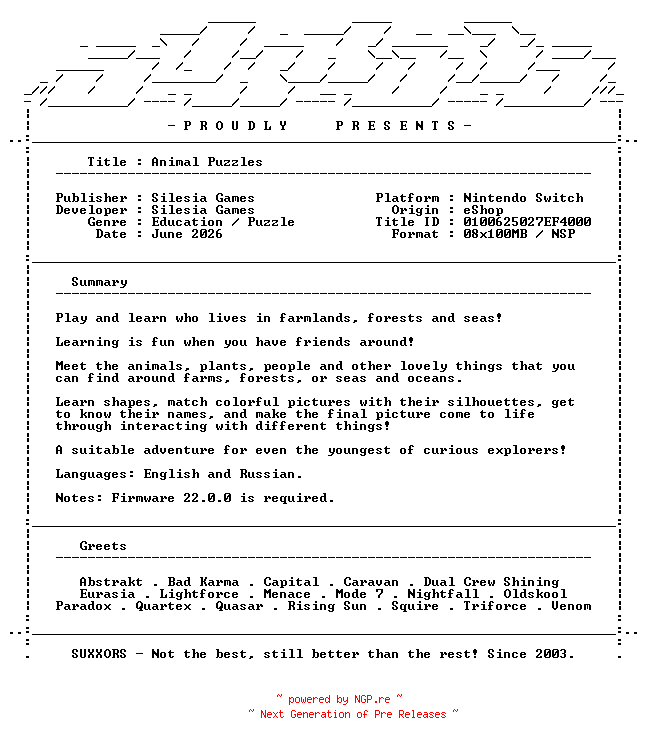 NFO for the release Animal_Puzzles_NSW-SUXXORS by SUXXORS