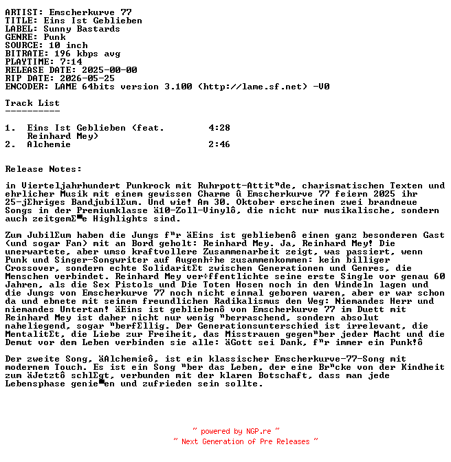 NFO for the release Emscherkurve_77-Eins_Ist_Geblieben-Vinyl-DE-2025-SDR by SDR