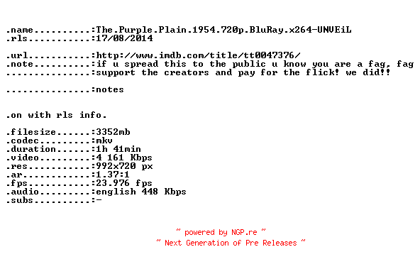 NFO for the release The.Purple.Plain.1954.720p.BluRay.x264-UNVEiL by UNVEiL