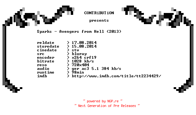 NFO for the release Sparks.Avengers.from.Hell.2013.German.BDRip.x264-CONTRiBUTiON by CONTRiBUTiON