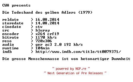 NFO for the release Die.Todeshand.des.gelben.Adlers.1979.German.BDRip.x264-CWA by CWA