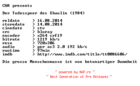 NFO for the release Der.Todesspeer.des.Shaolin.1984.German.BDRip.x264-CWA by CWA