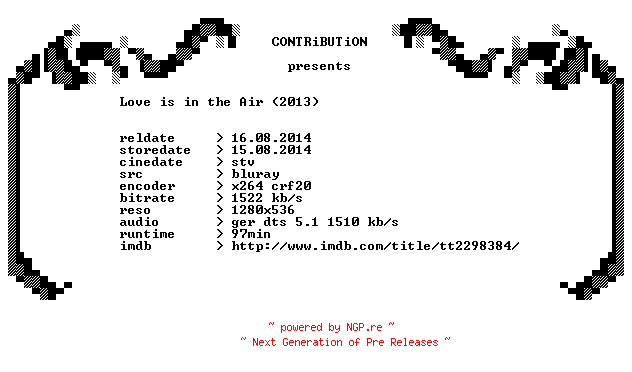 NFO for the release Love.is.in.the.Air.2013.German.720p.BluRay.x264-CONTRiBUTiON by CONTRiBUTiON