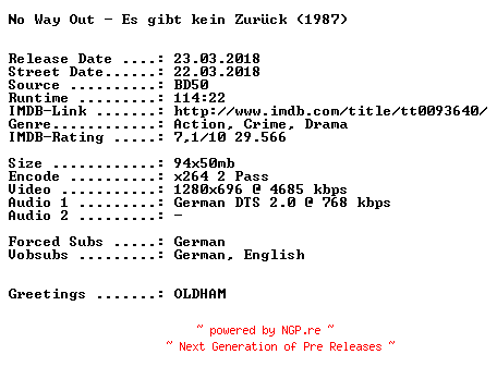 NFO for the release No.Way.Out.Es.gibt.kein.Zurueck.1987.German.720p.BluRay.x264-SPiCY by SPiCY