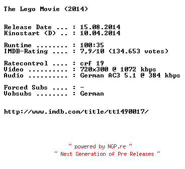 NFO for the release The.Lego.Movie.German.BDRiP.x264-EXQUiSiTE by EXQUiSiTE