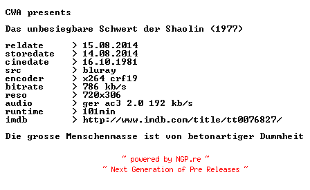 NFO for the release Das.unbesiegbare.Schwert.der.Shaolin.1977.German.BDRip.x264-CWA by CWA