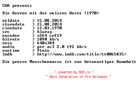 NFO for the release Die.Herren.mit.der.weissen.Weste.1970.German.BDRip.x264-CWA by CWA