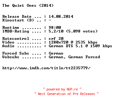NFO for the release The.Quiet.Ones.2014.German.720p.BluRay.x264-EXQUiSiTE by EXQUiSiTE