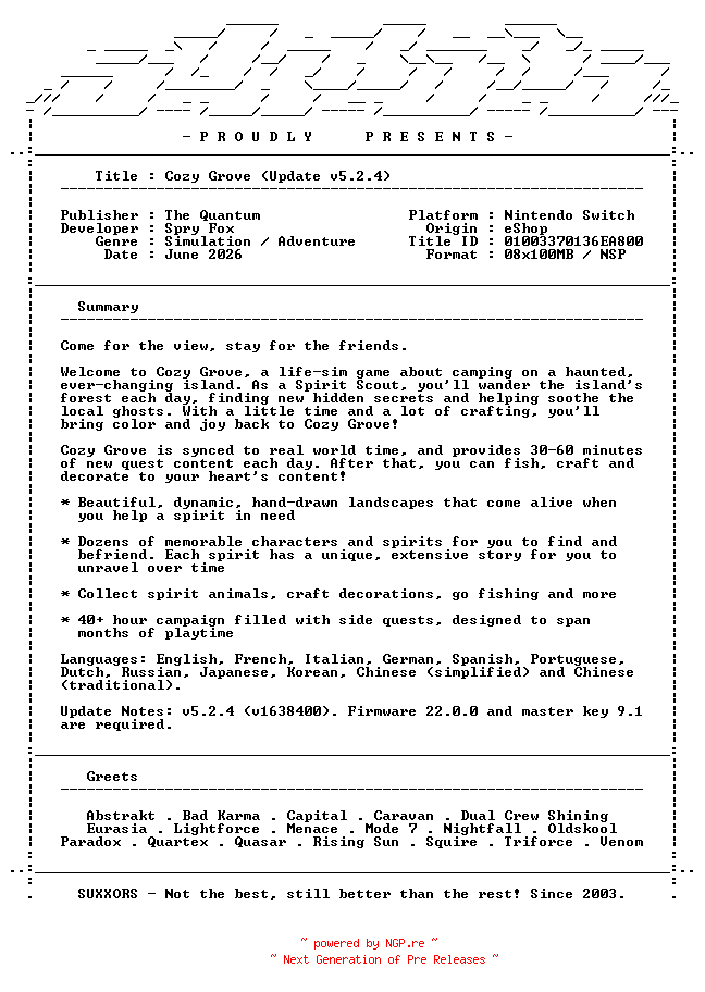 NFO for the release Cozy_Grove_Update_v5.2.4_NSW-SUXXORS by SUXXORS