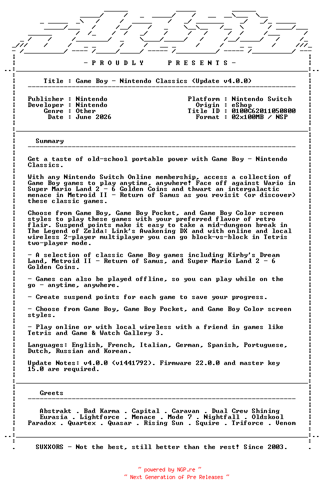 NFO for the release Game_Boy_Nintendo_Switch_Online_Update_v4.0.0_INTERNAL_NSW-SUXXORS by SUXXORS