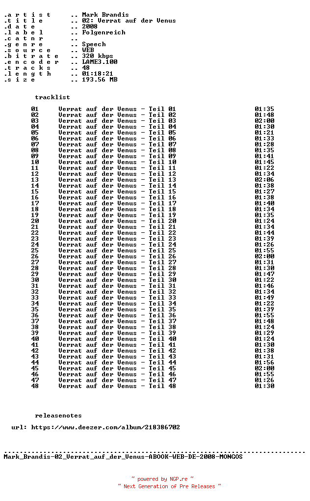 NFO for the release Mark_Brandis-F02_Verrat_auf_der_Venus-ABOOK-WEB-DE-2008-MONGOS by MONGOS