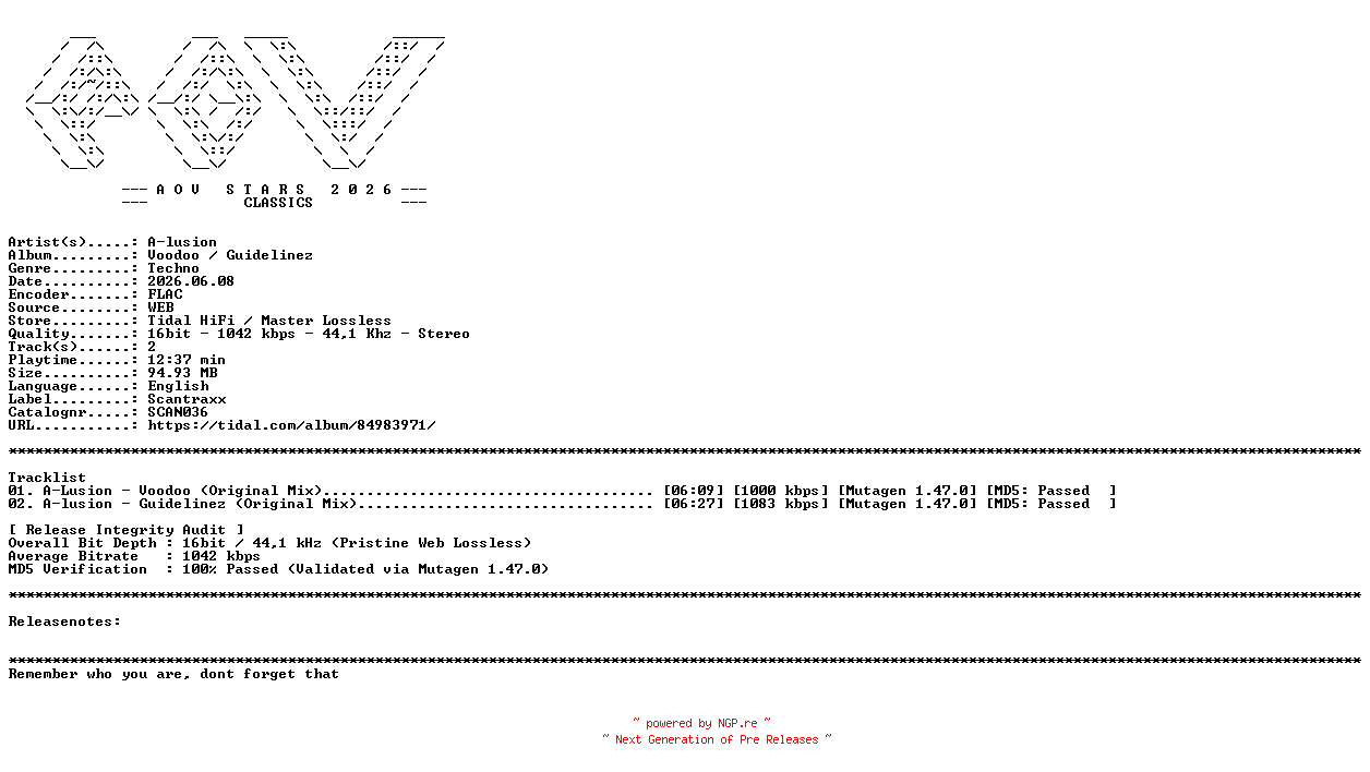 NFO for the release A-lusion-Voodoo__Guidelinez-(SCAN036)-16BIT-WEB-FLAC-2008-AOVF_Classics by AOVF_Classics