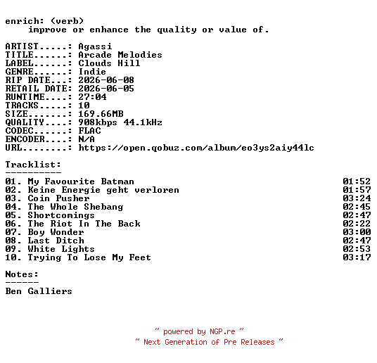 NFO for the release Agassi-Arcade_Melodies-16BIT-WEB-FLAC-2026-ENRiCH by ENRiCH