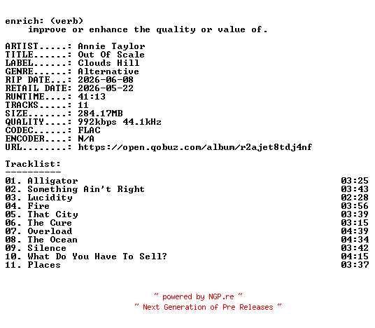 NFO for the release Annie_Taylor-Out_Of_Scale-16BIT-WEB-FLAC-2026-ENRiCH by ENRiCH