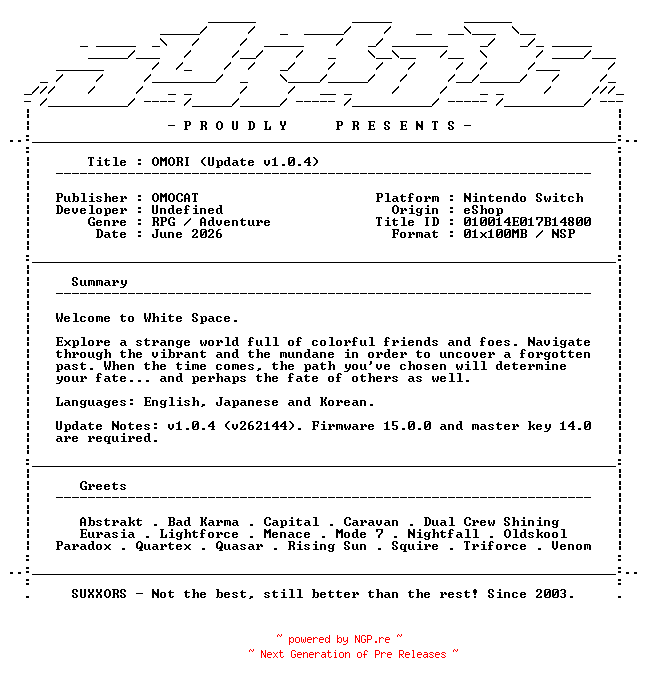 NFO for the release OMORI_Update_v1.0.4_NSW-SUXXORS by SUXXORS