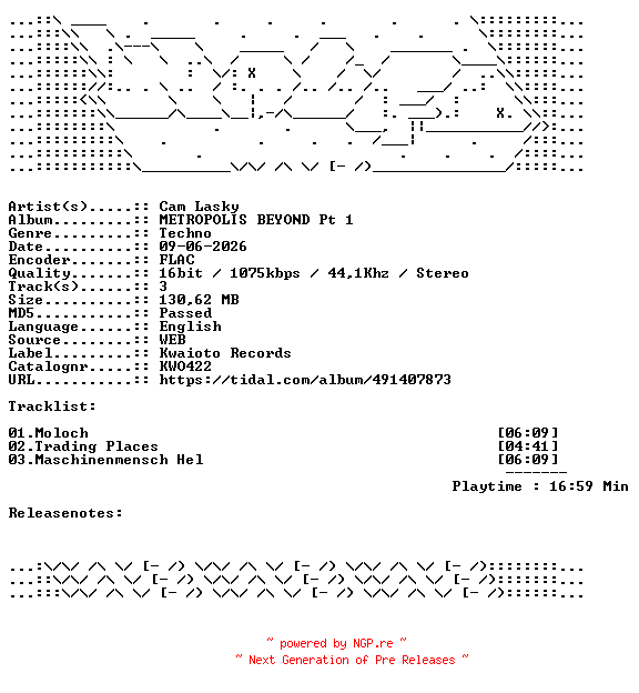 NFO for the release Cam_Lasky-METROPOLIS_BEYOND_Pt_1-KWO422-16BIT-WEB-FLAC-2026-WAVED by WAVED