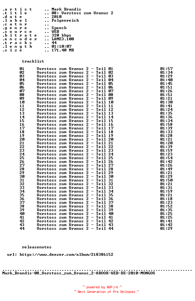 NFO for the release Mark_Brandis-F08_Vorstoss_zum_Uranus_2-ABOOK-WEB-DE-2010-MONGOS by MONGOS