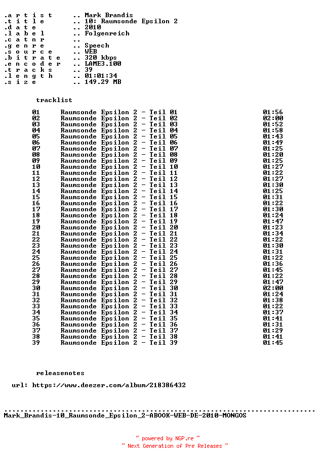NFO for the release Mark_Brandis-F10_Raumsonde_Epsilon_2-ABOOK-WEB-DE-2010-MONGOS by MONGOS