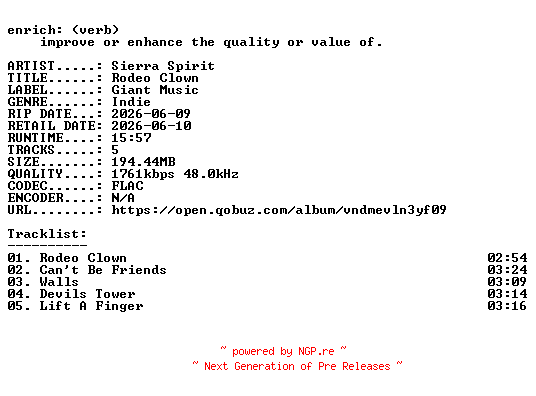 NFO for the release Sierra_Spirit-Rodeo_Clown-EP-24BIT-WEB-FLAC-2026-ENRiCH by ENRiCH