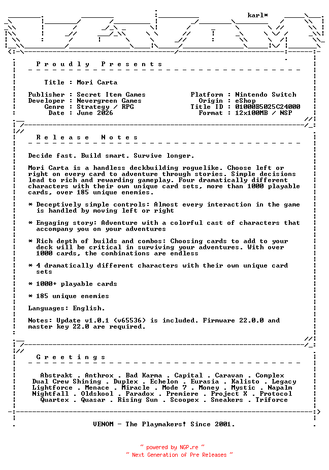 NFO for the release Mori_Carta_NSW-VENOM by VENOM