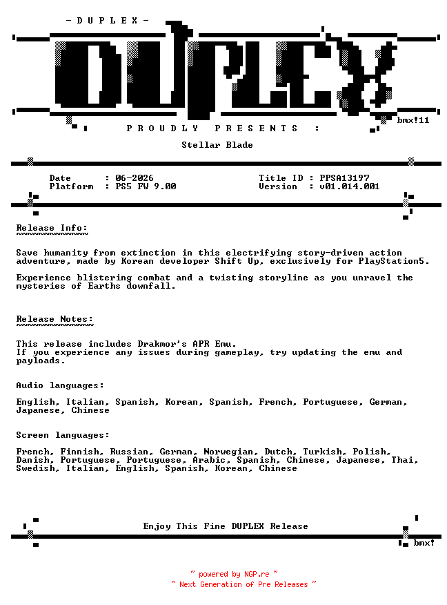 NFO for the release Stellar.Blade.PS5-DUPLEX by DUPLEX
