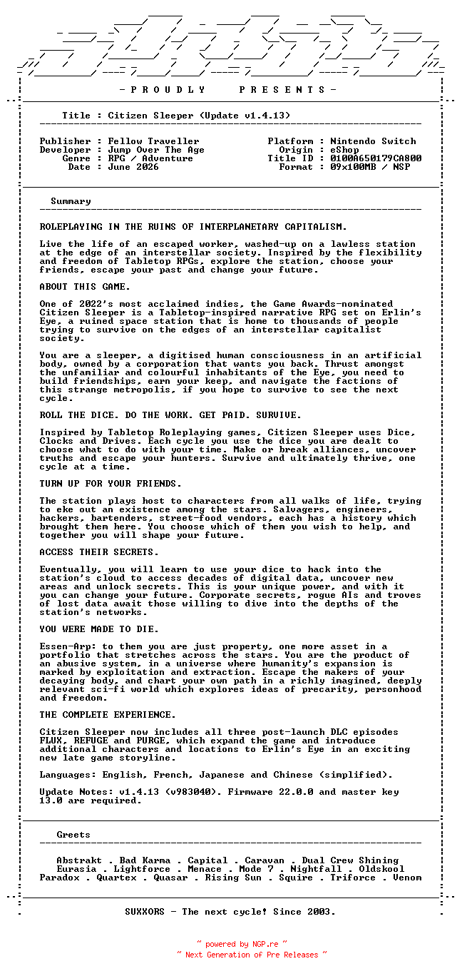NFO for the release Citizen_Sleeper_Update_v1.4.13_NSW-SUXXORS by SUXXORS